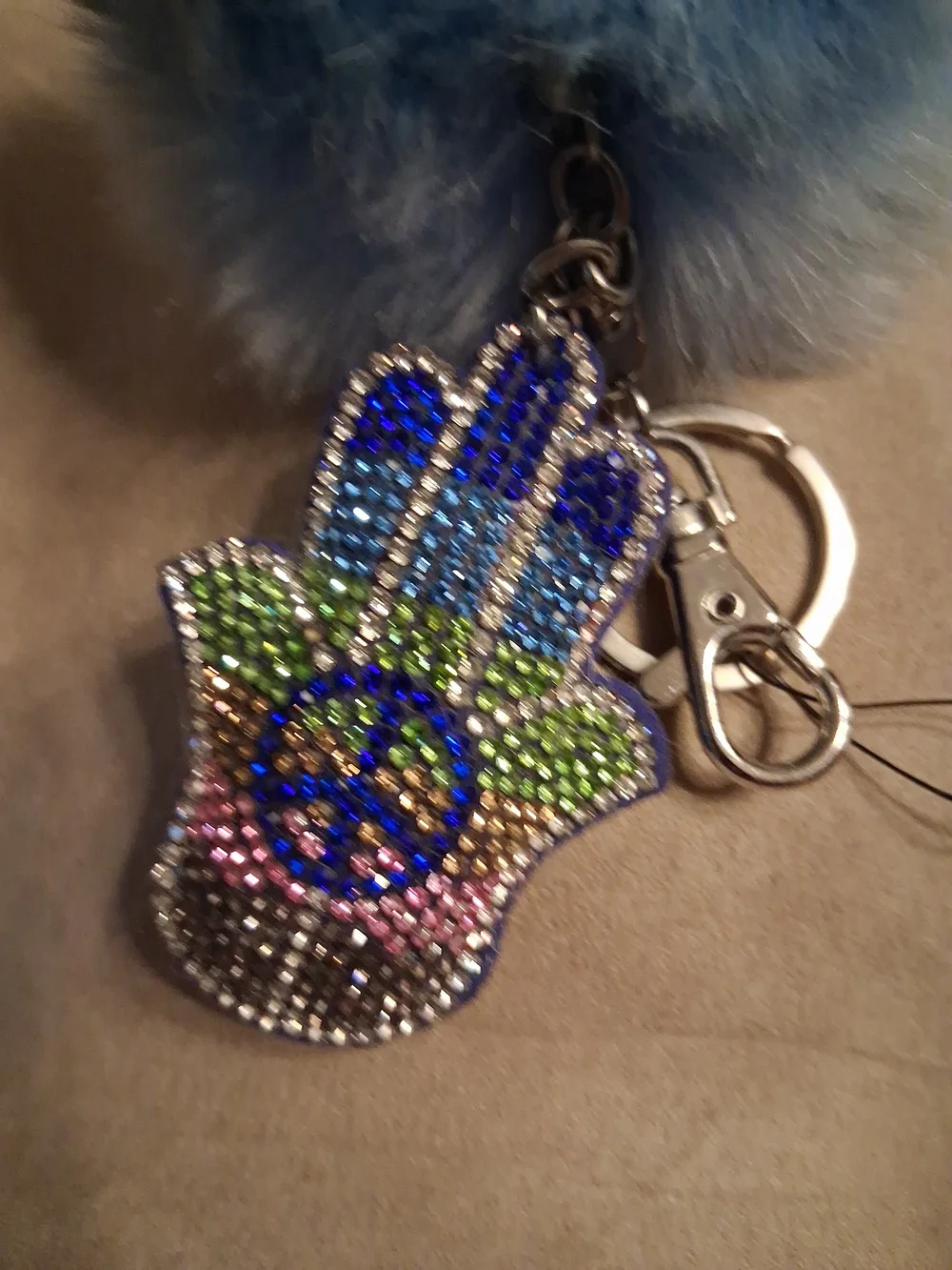 Blue Faux Fur Pom-Pom Keychain with Rhinestone Hamsa Charm NWT